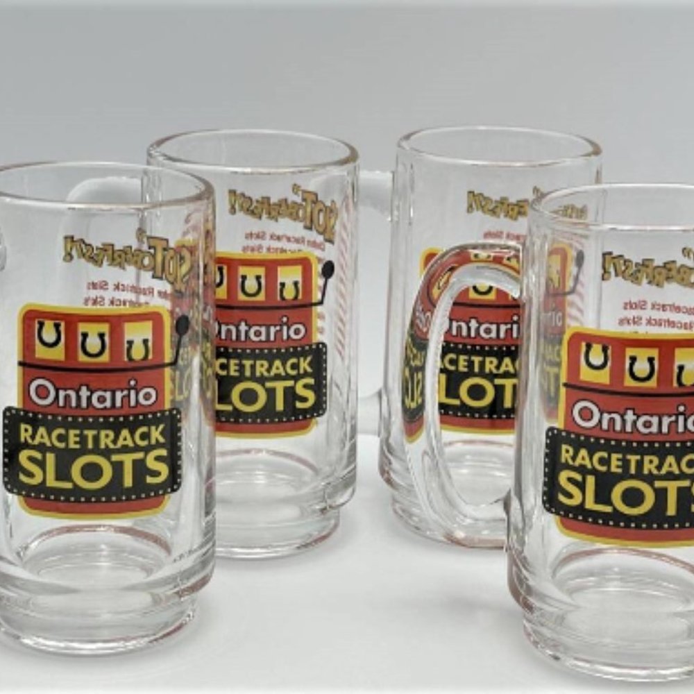 4 Set ONTARIO RACETRACK SLOTS Mugs Car Racing Derby Beer Mugs Vintage Beer Mug
